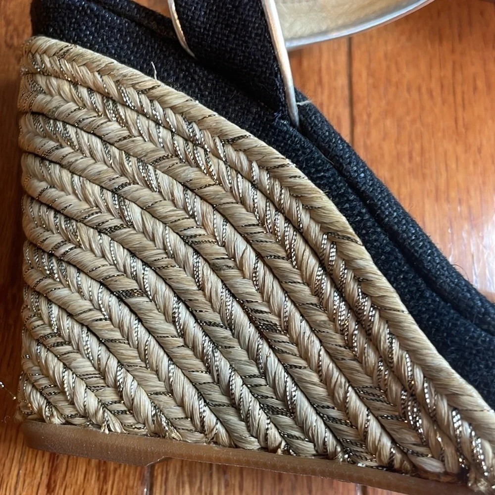🍰 Maypol black linen and silver detail wedge ankle strap espadrille: